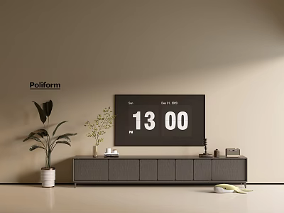 Modern Living Room Interior With Sleek TV Stand Black TV Potted Plants And Decor Items 3d model
