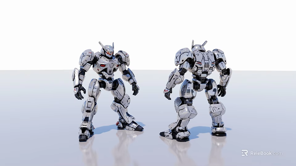 Two Detailed Mechanical Robot Sculptures With Modern Armor Design And Gray White Color 3d model 