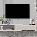 Modern TV Stand with Wall TV Green Plant Decorations Pendant Lights and Striped Wall