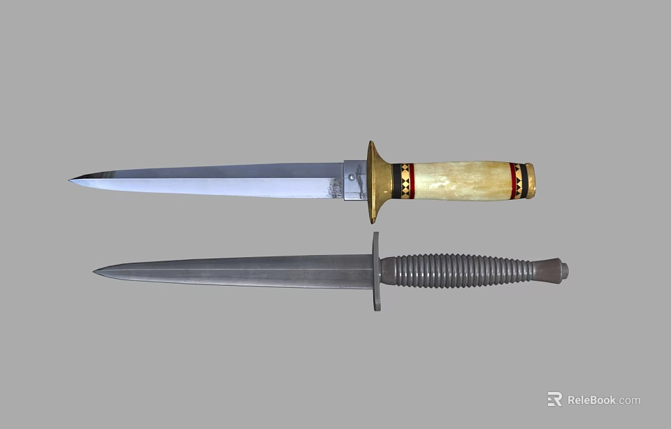 Two Tactical Knives With Wooden Handle Red Accents And Metal Spiral Grip Design 3d model 