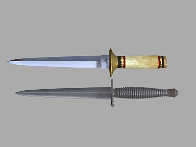 Two Tactical Knives With Wooden Handle Red Accents And Metal Spiral Grip Design 3d model