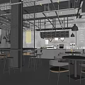 Modern Café Design with Metal Grid Columns Open Bar Gray Walls and Wooden Metal Seating