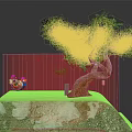 Cartoon Scene With Turquoise Tree Motorcycle On Rocky Platform And Red Fragments