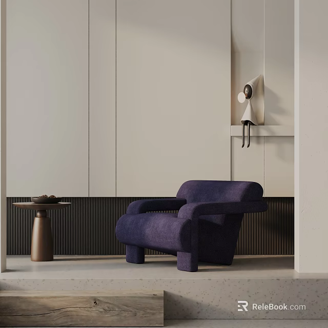 Modern Purple Lounge Chair With Small Round Side Table And Neutral Wall Decor 3d model 