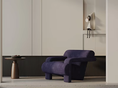 Modern Purple Lounge Chair With Small Round Side Table And Neutral Wall Decor 3d model