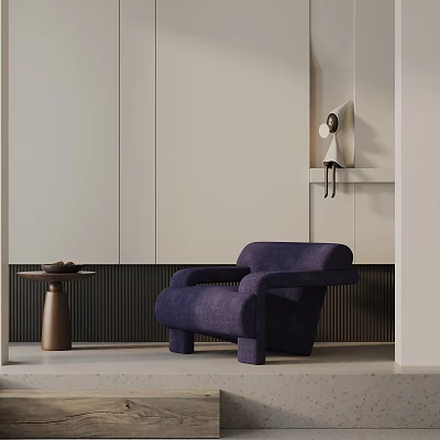 Modern Purple Lounge Chair With Small Round Side Table And Neutral Wall Decor 3d model