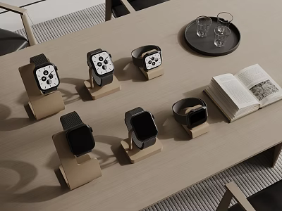 Smart Watches Displayed On Wooden Stands On Table With Accessories 3d model