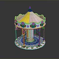Decorative Carousel With Yellow Pink Top Blue Patterns Colorful Poles And Circular Base