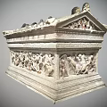 Ancient Stone Sarcophagus With Detailed Figural Reliefs And Ornate Roof Like Top