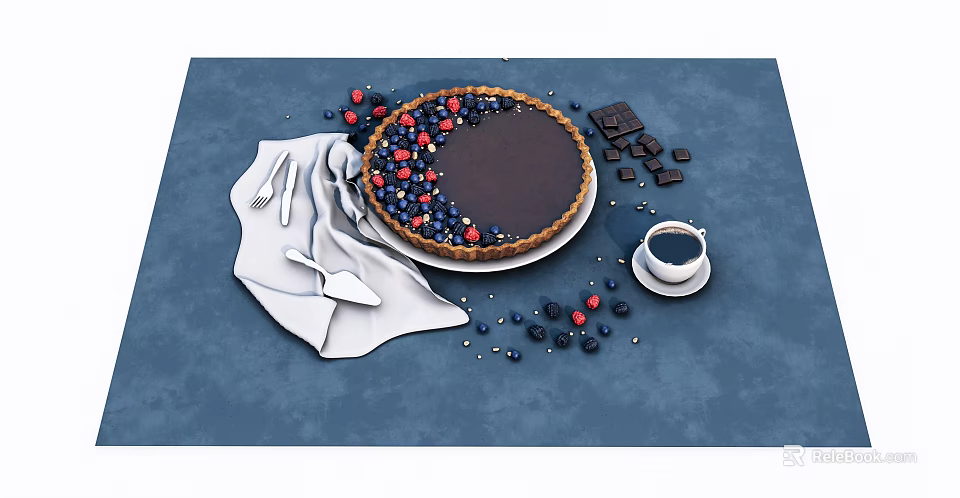 Delicious Chocolate Pie Topped With Fresh Blueberries Strawberries Chocolate Chunks And Coffee 3d model 