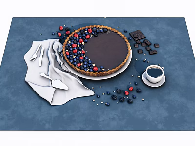 Delicious Chocolate Pie Topped With Fresh Blueberries Strawberries Chocolate Chunks And Coffee 3d model