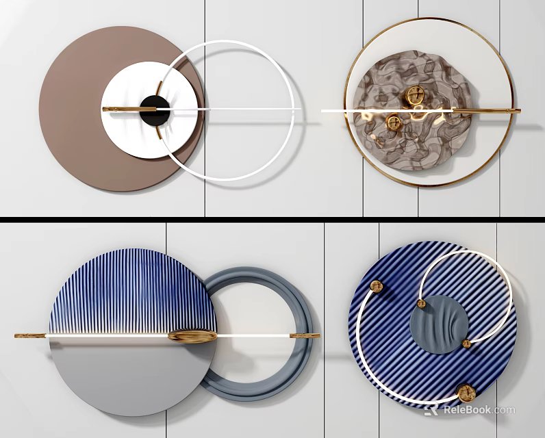 Modern Luxury Circular Wall Decor With Metal Geometric Lines Marble Texture And Blue White Stripes 3d model 