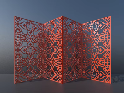 Red Foldable Room Divider With Intricate Ornamental Laser Cut Patterns 3d model