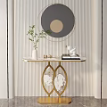 Modern Console Table with Circular Mirror Potted Plant Decorative Items and Metal Frame 3d model