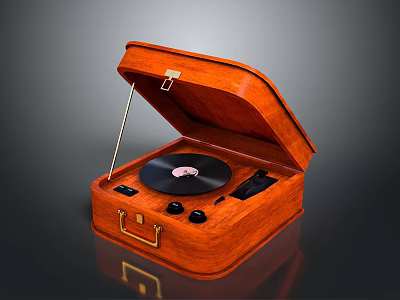 Classic Wooden Portable Record Player with Open Lid Vinyl Record and Stylus 3d model