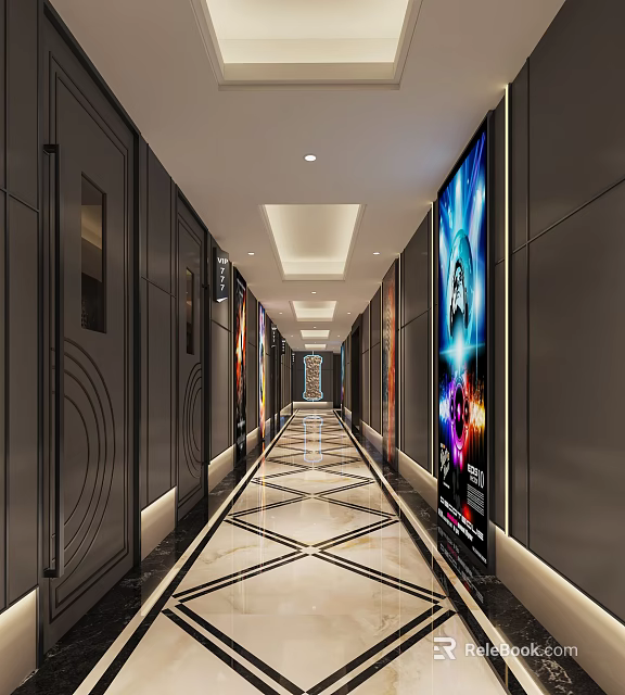 Modern Luxurious KTV Corridor With Black Walls Colorful LED Screens And Marble Patterned Flooring 3d model 