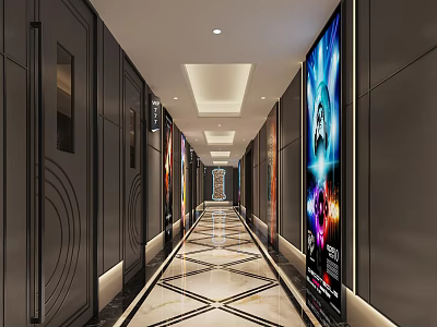Modern Luxurious KTV Corridor With Black Walls Colorful LED Screens And Marble Patterned Flooring 3d model