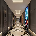 Modern Luxurious KTV Corridor With Black Walls Colorful LED Screens And Marble Patterned Flooring