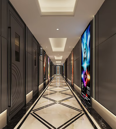 Modern Luxurious KTV Corridor With Black Walls Colorful LED Screens And Marble Patterned Flooring 3d model