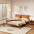 Double Bed with Leather Headboard Wooden Frame Comforter Pillows Cozy Bedroom Window Blinds Wall Art