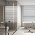 Modern Bathroom Interior Design With Freestanding Bathtub Double Sink Vanity And Window Blinds