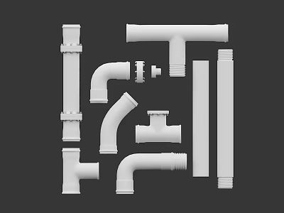 Various White Pipe Fittings Including Elbows Tees Straights and Connectors 3d model