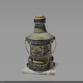 Antique Copper Kerosene Lantern Placed On White Cloth Against Gray Background