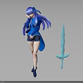 3D Render Of Blue Haired Girl Wearing Blue Outfit And Black Shorts With Blue Sword
