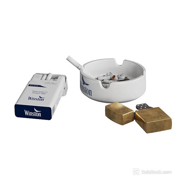 Stylish Decorative Ornament Set With Winston Cigarette Pack White Ashtray And Brass Lighters 3d model 