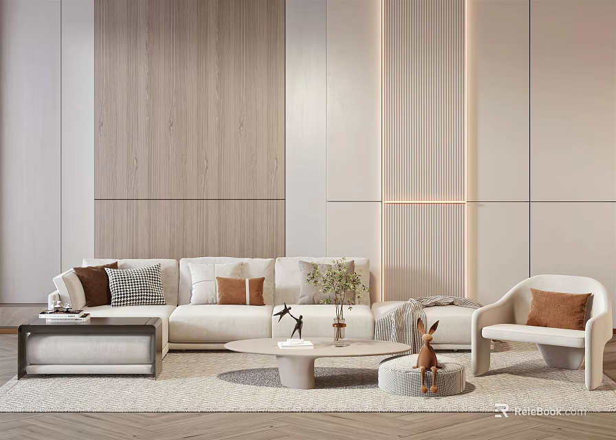 Elegant Modern Sofa Coffee Table Set With Throw Pillows Green Plant And Decorative Items 3d model