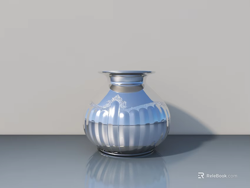 Silver Ceramic Vase With Striped Pattern On Smooth Surface And Light Colored Wall 3d model 