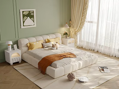 Plush Double Bed Near Window With Green Wall White Nightstands Yellow Pillows And Orange Blanket 3d model