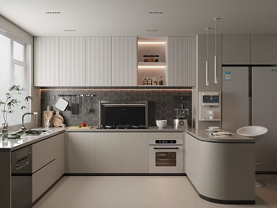 Modern Kitchen Interior With White Cabinets Island Counter And Stainless Steel Appliances 3d model