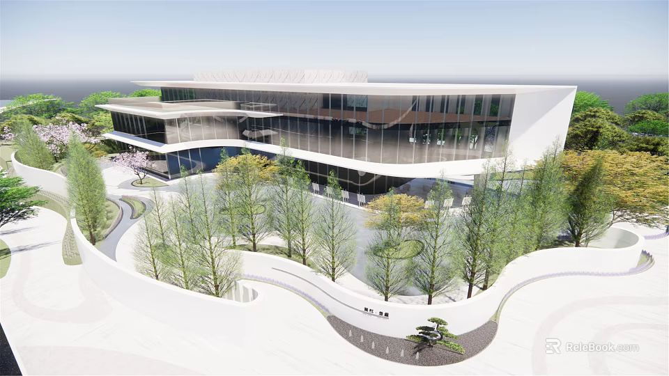 Modern Sales Office Building With Glass Facade Curved Design And Landscaped Greenery 3d model 