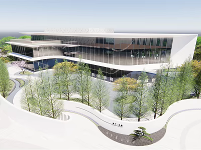 Modern Sales Office Building With Glass Facade Curved Design And Landscaped Greenery 3d model