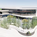 Modern Sales Office Building With Glass Facade Curved Design And Landscaped Greenery