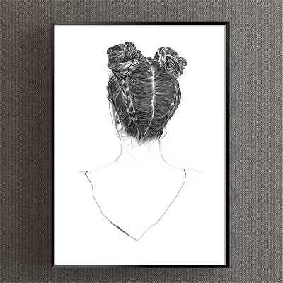 Artistic Figure Drawing Featuring Female Back With Double Bun Braided Hair And Line Details 3d model