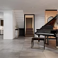 Modern Living Room Interior With Dining Table Chairs Pendant Lights And Piano