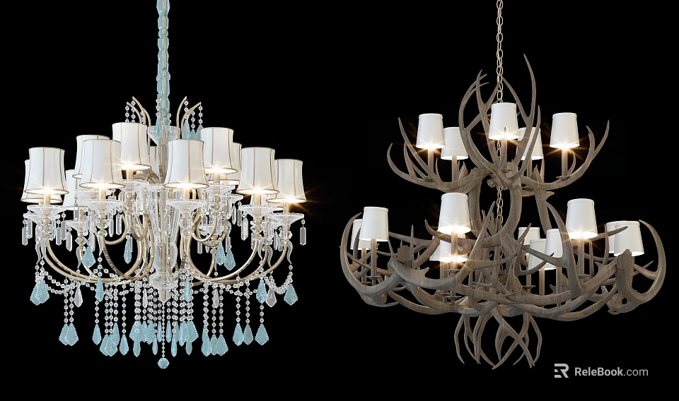 Crystal Chandelier With Blue Pendants And Antler Shaped Design With White Lampshades 3d model 