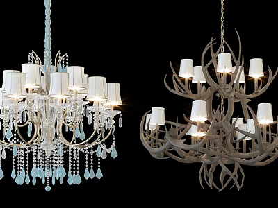 Crystal Chandelier With Blue Pendants And Antler Shaped Design With White Lampshades 3d model