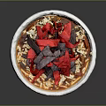 Delicious Bowl Of Food With Red Toppings Dark Crispy Chips And Rice