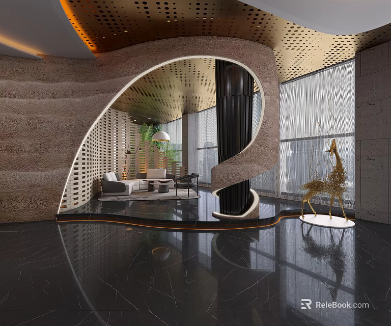 Modern Lounge Area Featuring Curved Design Marble Flooring Green Plants And Giraffe Decor 3d model 