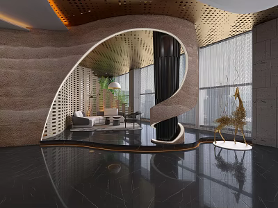 Modern Lounge Area Featuring Curved Design Marble Flooring Green Plants And Giraffe Decor 3d model