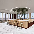 Modern Cafe Interior With Circular Ceiling Wooden Bar Counter Green Plants And High Stools