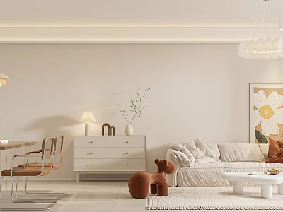 Modern Living and Dining Room Interior With Beige Sofa Dining Table And Artwork 3d model