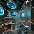 Modern KTV Interior With Deep Blue Circular Window Like Screens Black Walls And Ambient Lighting