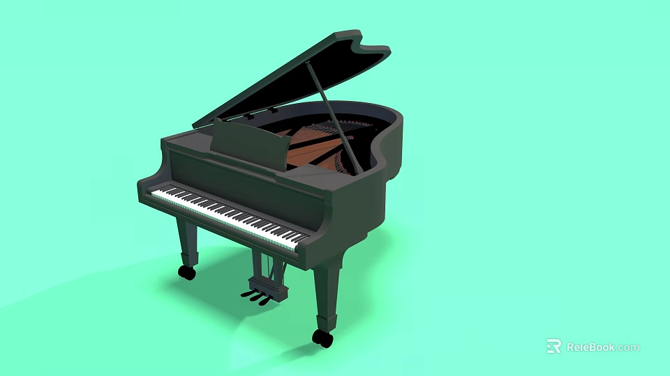 Elegant Black Grand Piano with Open Lid and White Keys on Light Green Background 3d model 