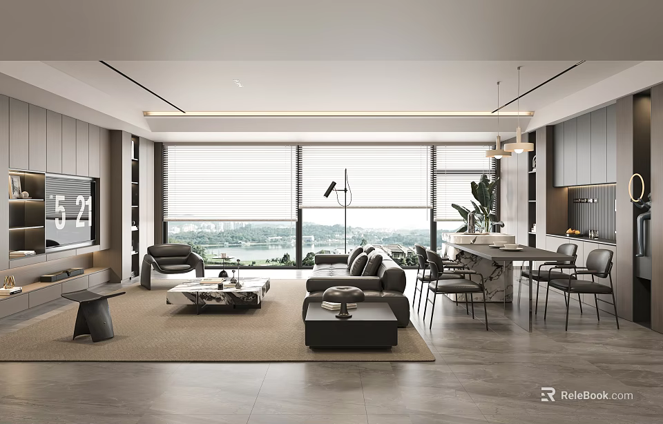 Modern Living and Dining Room Interior Design With Sofa Dining Table Large Window View 3d model