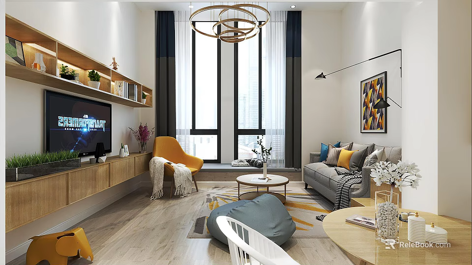 Modern Apartment Living Room With Gray Sofa Orange Chair Wooden Bookshelf Large Windows And Chandelier 3d model 