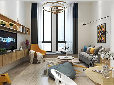 Modern Apartment Living Room With Gray Sofa Orange Chair Wooden Bookshelf Large Windows And Chandelier 3d model